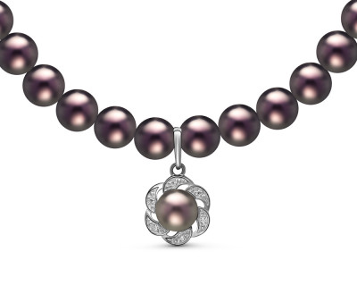 Ожерелье из черного круглого жемчуга с кулоном из серебра. Жемчужины 6,5-7 мм