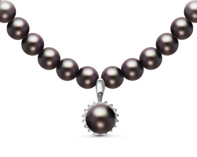 Ожерелье из черного речного жемчуга с кулоном из серебра. Жемчужины 7,5-8 мм
