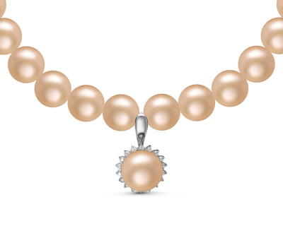Ожерелье из розового круглого жемчуга с кулоном из серебра. Жемчужины 8,5-9,5 мм