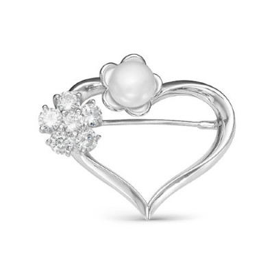 Брошь "Сердце" из серебра с белой речной жемчужиной 8,5-9 мм