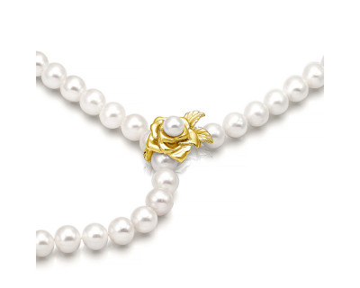 Ожерелье из белого круглого речного жемчуга с застежкой "Роза". Жемчужины 7-7,5 мм