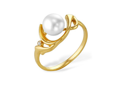 Кольцо из желтого золота с белой речной жемчужиной 8-8,5 мм