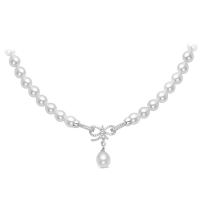 Ожерелье из белого рисообразного жемчуга 7,5-8 мм с кулоном из серебра