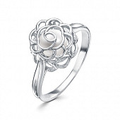 Кольцо "Роза" из серебра с белой речной жемчужиной 6,5-7 мм