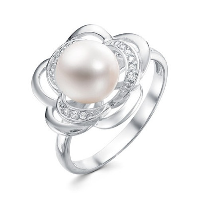 Кольцо "Роза" из серебра с белой речной жемчужиной 8,5-9 мм
