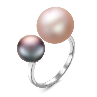 Кольцо "Диор" из серебра с розовой и черной речными жемчужинами 8,5-11 мм