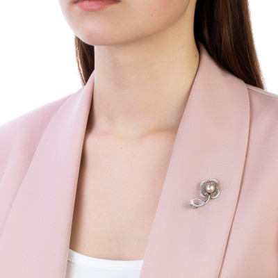 Брошь "Цветок" из серебра с розовой речной жемчужиной 7,5-8 мм