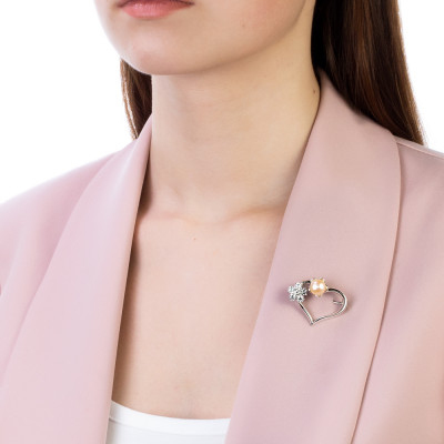 Брошь "Сердце" из серебра с розовой речной жемчужиной 8,5-9 мм