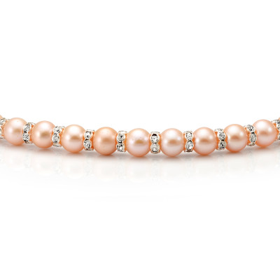 Ожерелье из розового круглого жемчуга со стразами. Жемчужины 8,5-9,5 мм