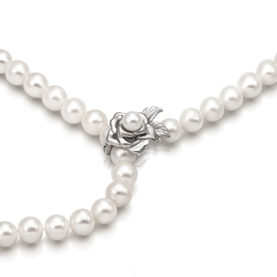 Ожерелье "галстук" из белого жемчуга с застежкой "Роза". Жемчужины 7,5-8,5 м