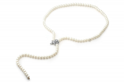 Ожерелье "галстук" из белого круглого речного жемчуга. Жемчужины 6-6,5 мм
