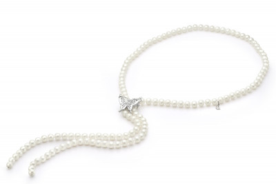 Ожерелье "галстук" из белого круглого речного жемчуга. Жемчужины 7-7,5 мм